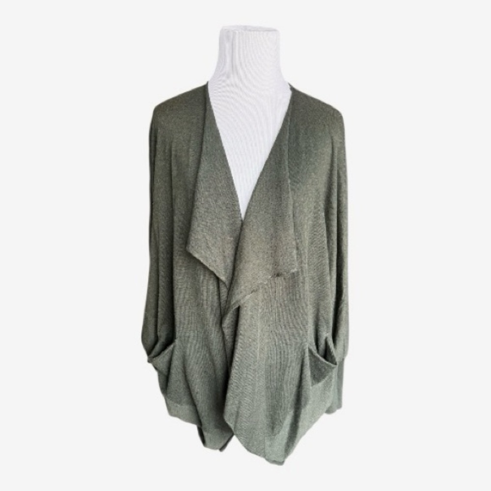 Karen Kane Olive Gray Drape Front Women's Cardigan Sweater w/ Pockets M